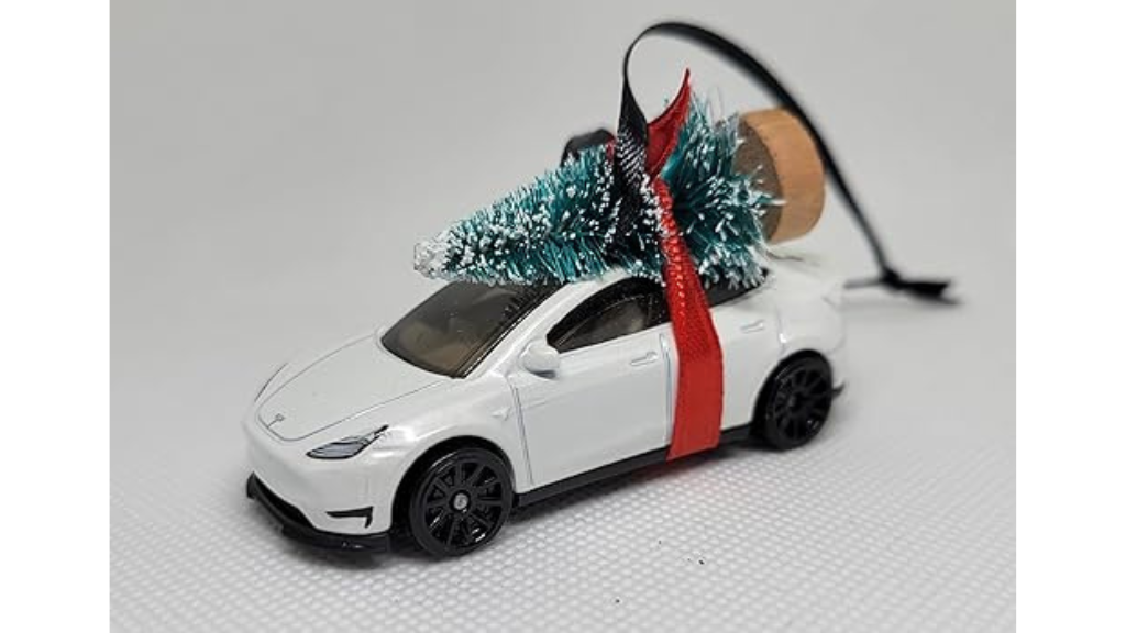 White Tesla Model Y Christmas Ornament with Tree